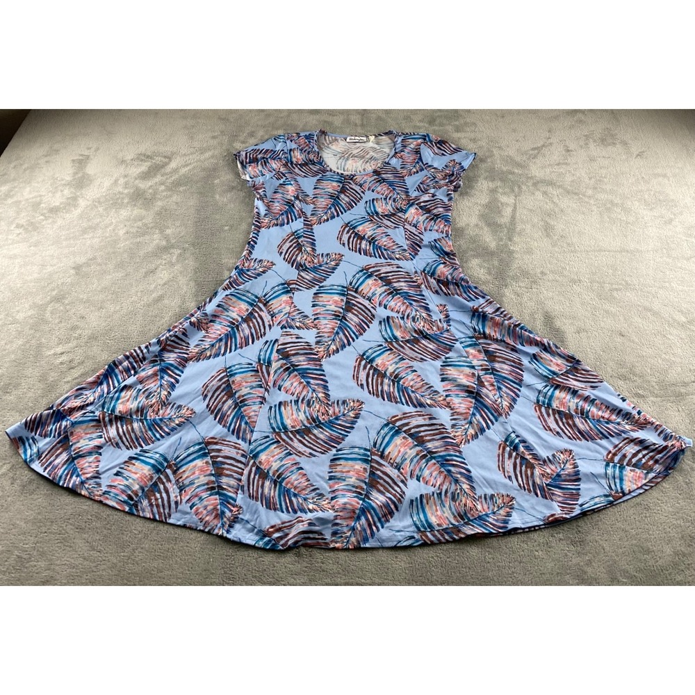 Patchington Blue Tropical Palm Leaf Fit and Flare Short Sleeve Dress Womens